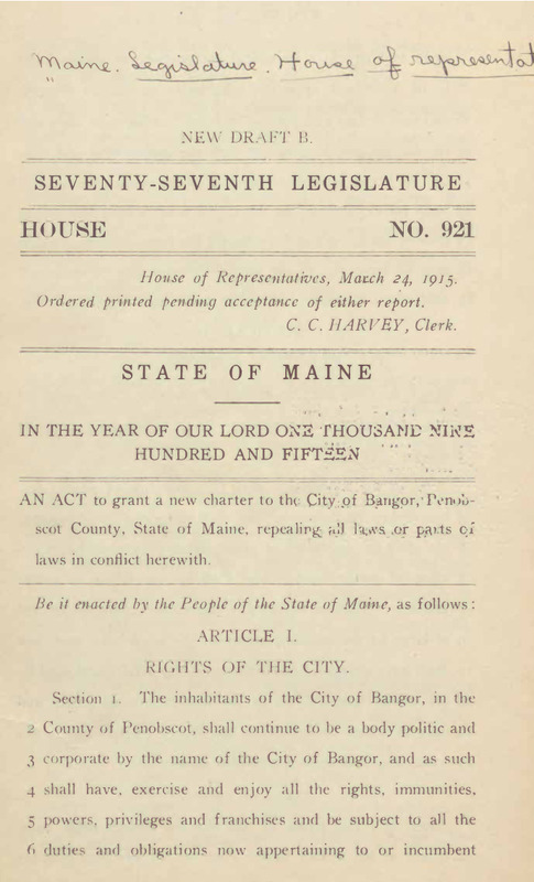 An Act to Grant a New Charter to the City of Bangor, March 24, 1915