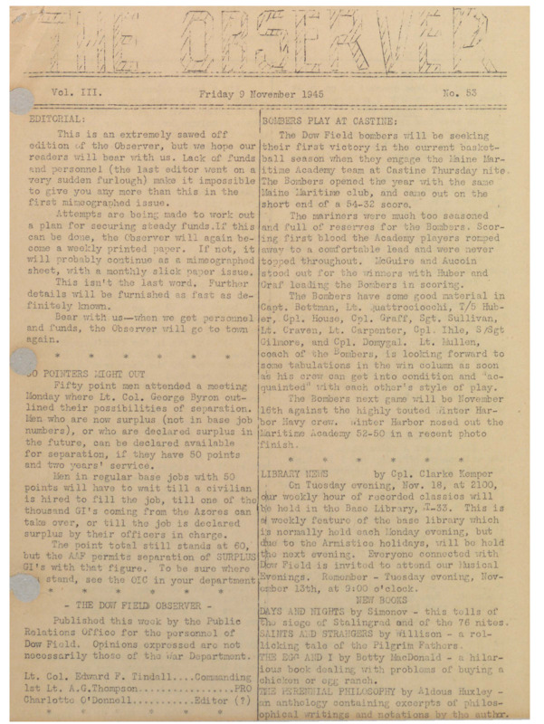 Dow Field Observer, November 9, 1945