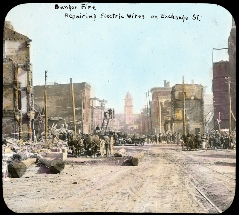 Repairing Electric Lines on Exchange Street (Bangor Fire, 1911)