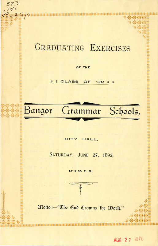Bangor Grammar Schools Graduation Program, 1892