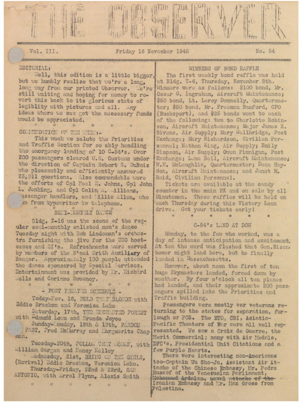 Dow Field Observer, November 16, 1945